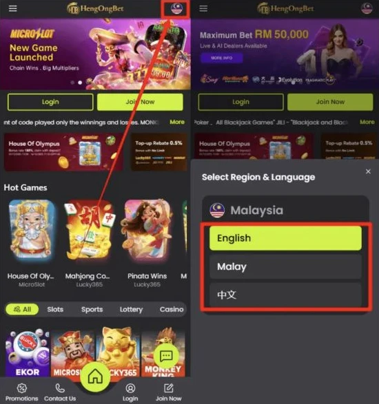 Langkah-langkah untuk membuka menu bahasa dan memilih bahasa